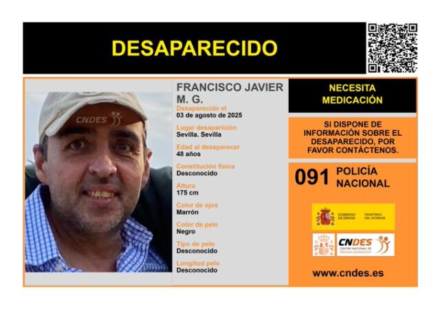 Imagen oficial de Francisco Javier M. G., difundida por el CNDES, que advierte de su necesidad de medicación urgente tras desaparecer en Sevilla el 3 de agosto.