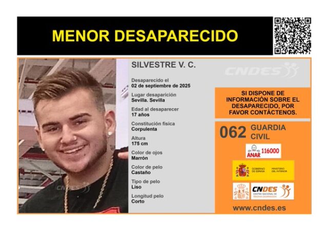 Cartel difundido por el Centro Nacional de Desaparecidos con la imagen de Silvestre V. C., de 17 años, cuya búsqueda continúa activa en Sevilla.