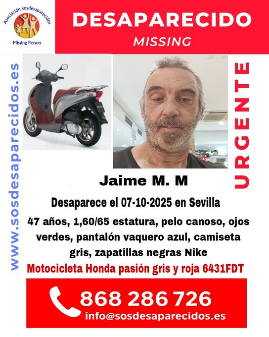 Cartel oficial difundido por SOS Desaparecidos con los datos personales de Jaime M. M.