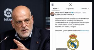 Tebas señala las contradicciones del Real Madrid tras su comunicado sobre la FIFA